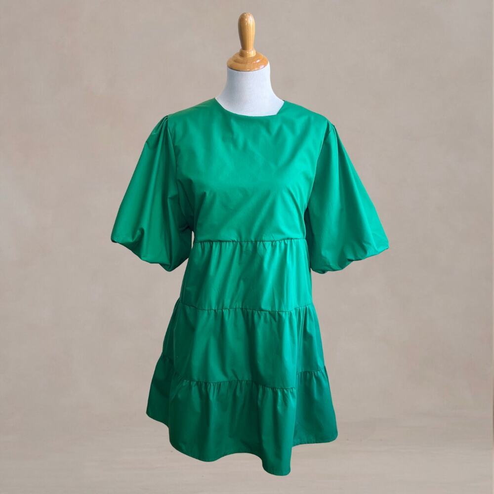 Emelia Women's Green‎ Puff Sleeves Tiered A Line Dress XL